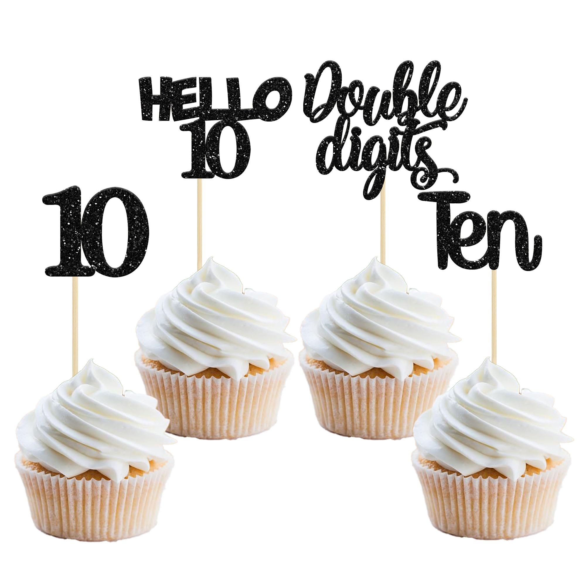Gyufise 24Pcs Black Glitter 10th Birthday Cupcake Toppers Double Digits Cupcake Toppers Hello 10 Ten Cupcake Picks for 10th Birthday Party Cake Decorations Supplies