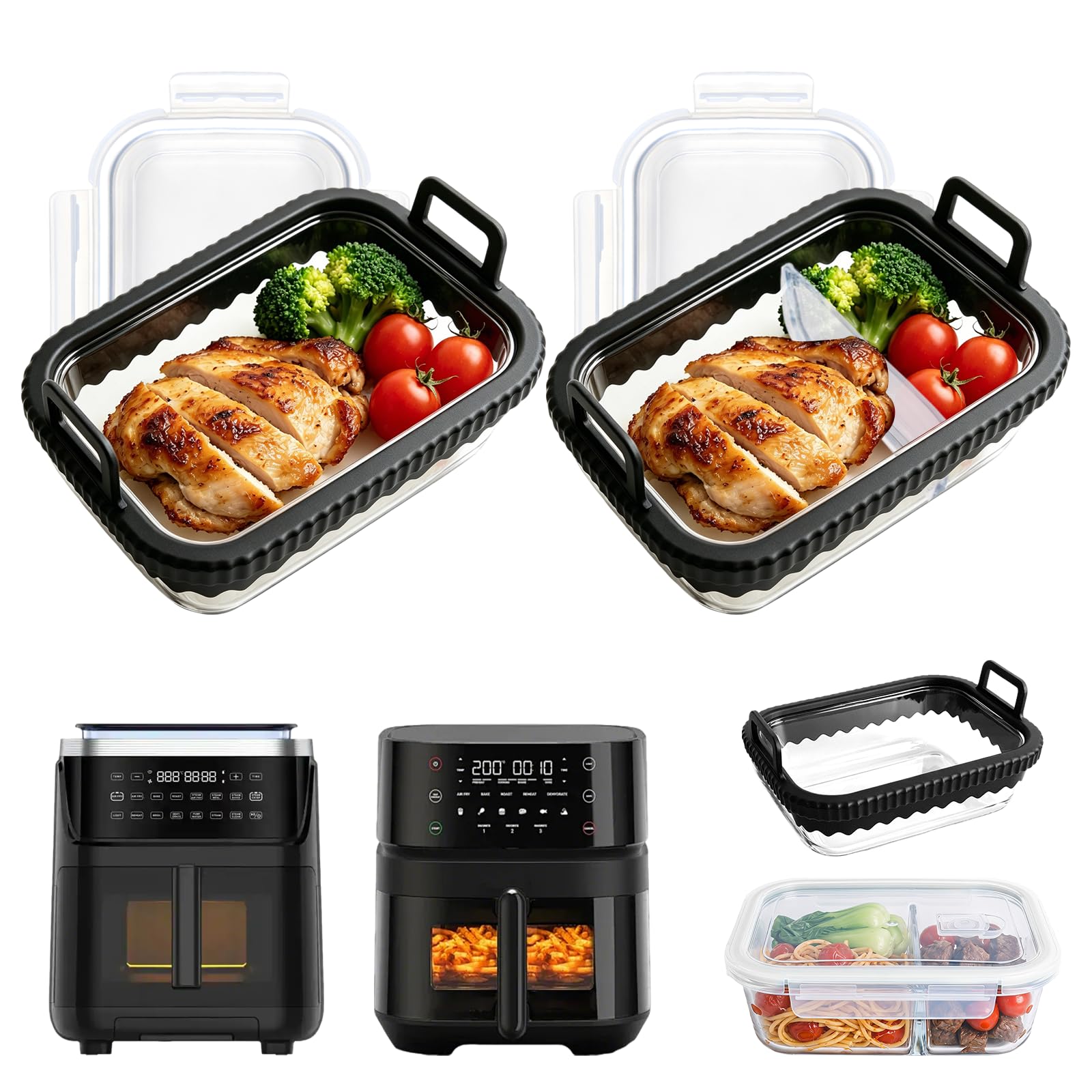 Glas Auflaufform für Airfryer, 2 Stück Auflaufform Airfryer mit Deckel & Silikongriffen, Universelles Heißluftfritteusen Zubehör für Cosori, Ninja, Philips, Herausnehmbarer, BPA-frei