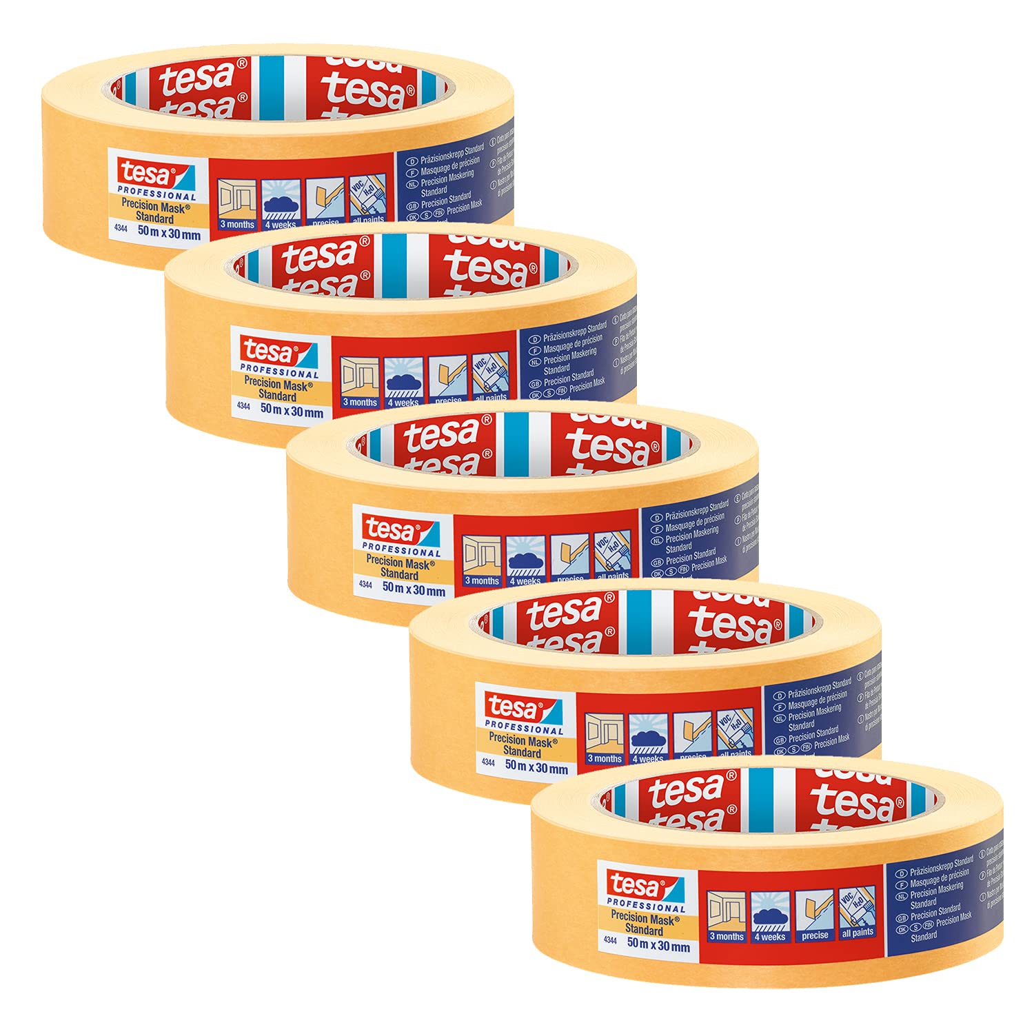 tesa Precision Masking Tape 4344 Standard Pack of 5 Professional Masking Tape with Thin Paper Backing for Precise Masking and Covering Orange 50 m x 30 mm Each