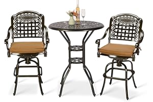 VIVIJASON 3-Piece Outdoor Swivel Bar Stools Set, All Weather Cast Aluminum Patio Bar Height Bistro Set with 2 Cushioned Bar Chairs & 31" High Bar Table w/Umbrella Hole for Backyard, Lawn, Garden