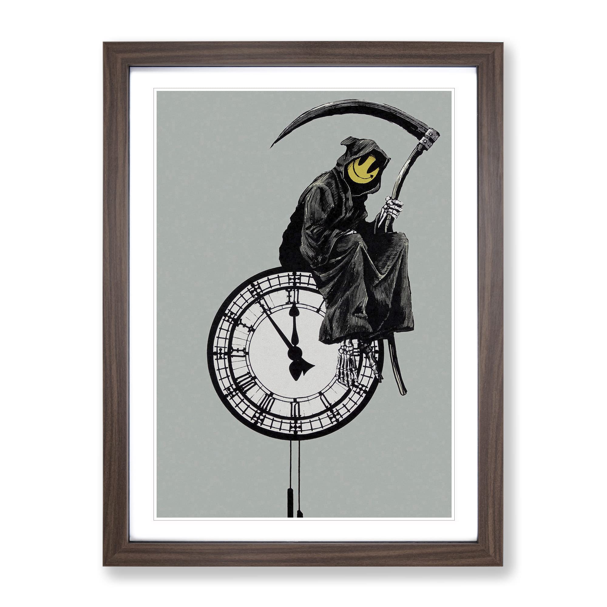 Banksy Grin Reaper Graffiti Wall Art Modern Framed Wall Art Print, Ready to Hang Picture for Living Room Bedroom Home Office Décor, Walnut A4 (34 x 25 cm)