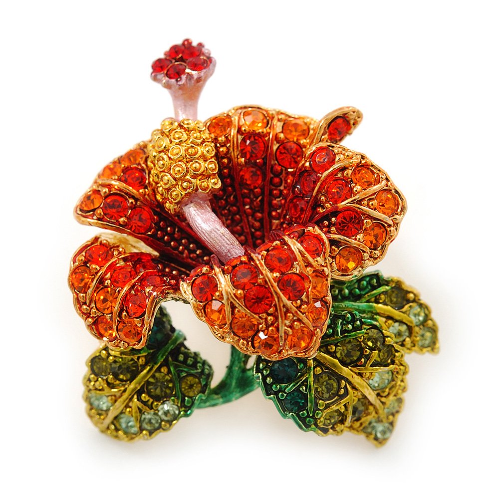 Red, Orange, Green Austrian Crystal Exotic Flower Brooch/Pendant In Gold Plating - 35mm Length