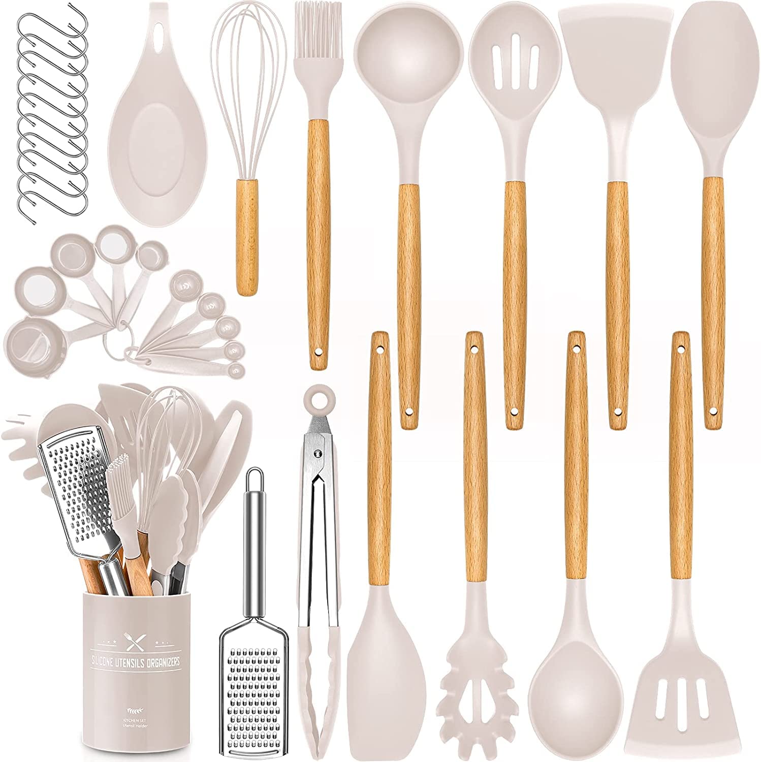 34 PCS Silicone Kitchen Cooking Utensils Set, Heat-Resistant Utensil Set with Premium Stainless Handles for Cooking and Baking, Non-Stick Spatula Kitchen Gadgets Cookware Set (Khaki)