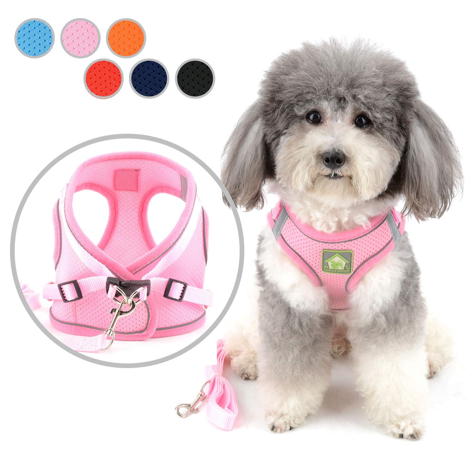 Zunea Small Dog Harness and Lead Set No Pull Puppy Vest Harnesses Adjustable Reflective Soft Mesh Step-in Pet Cat Harness Escape Proof for Walking, Bright Colors for Dogs Pink M