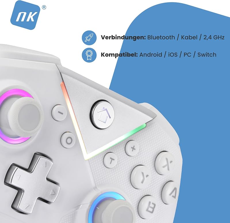 Wireless Bluetooth Controller für PC – Kompatibel mit Switch, Android-Smartphone und iOS, 2 Makrotasten, Duale Vibration, 6 Achsen, LED-Beleuchtung (White)