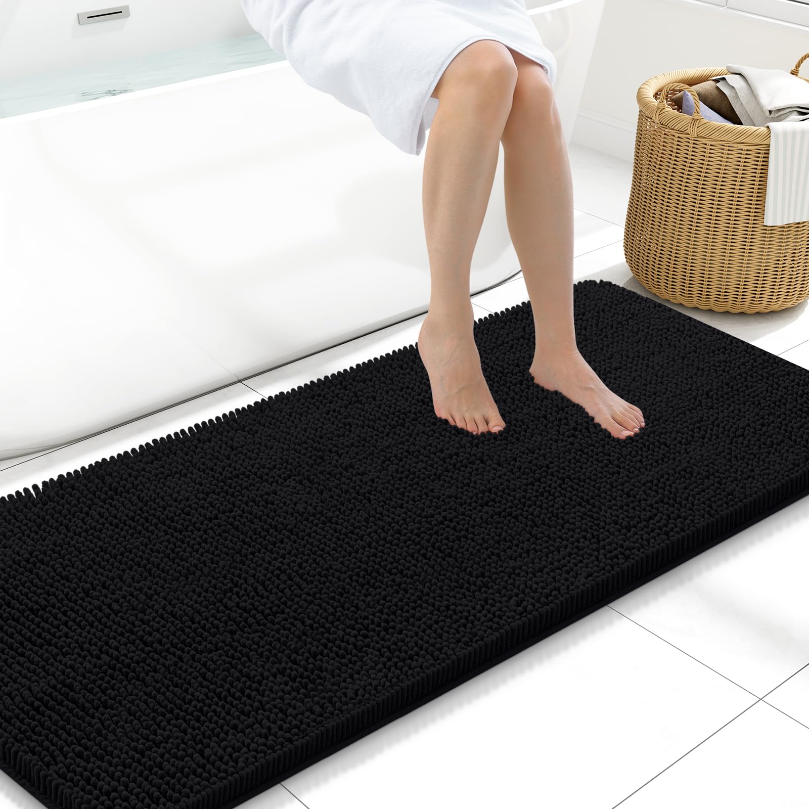 Arotive Bathroom Rugs 59x20, Extra Soft Absorbent Shaggy Chenille Bath Rugs, Machine Washable Rubber Backing Non-Slip Bath Mats for Bathroom Floor Tub and Shower, Home Decor Accessories,Black Image