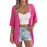 EVALESS Women's Crochet Knit Cardigan Sweaters Short Sleeve Open Front Kimonos Boho Cardigans Tops Lightweight Vacation
