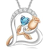 CCJM Rose Flower Heart Birthstone Necklaces for Women, 925 Sterling Silver Anniversary Jewelry, Pendant Heart Necklaces Birthday Anniversary Christmas Gift for Women Wife Mom Girlfriend Lady