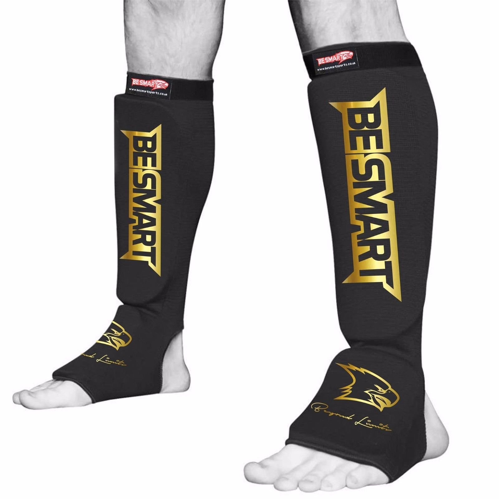 BeSmart Shin Instep Pads MMA Leg Foot Guards Muay Thai Kick Boxing Guard Protector (Black/Gold, Medium)