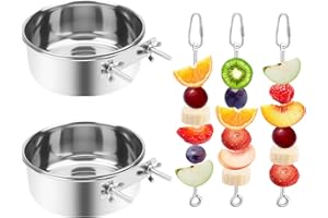 VOXGET 2 Pcs Bird Feeder Bowls with 3 Pcs Food Holder for Cage, Parrot Food Water Bowls and Fruit Skewer Foraging Toy, Stainless Steel Bird Feeding Dish Cups for Small Animals (Silvery, 5 Pcs)