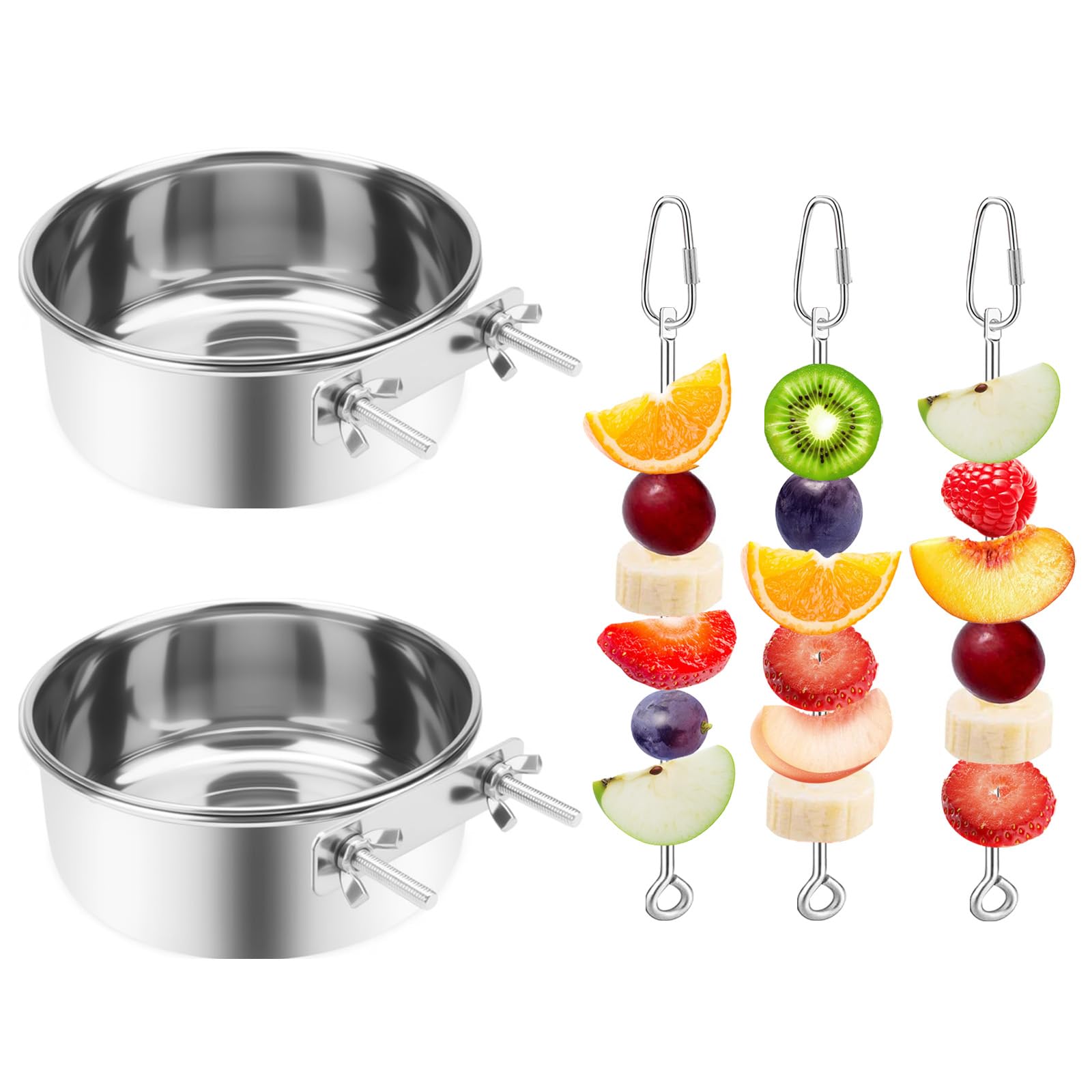 Photo 1 of VOXGET 2 Pcs Bird Feeding Dish Cups with 3 Pcs Food Holder for Cage, Parrot Food Water Bowls and Fruit Vegetable Skewer Foraging Toy, Stainless Steel Bird Feeders for Small Animals -Silvery,5 Pcs