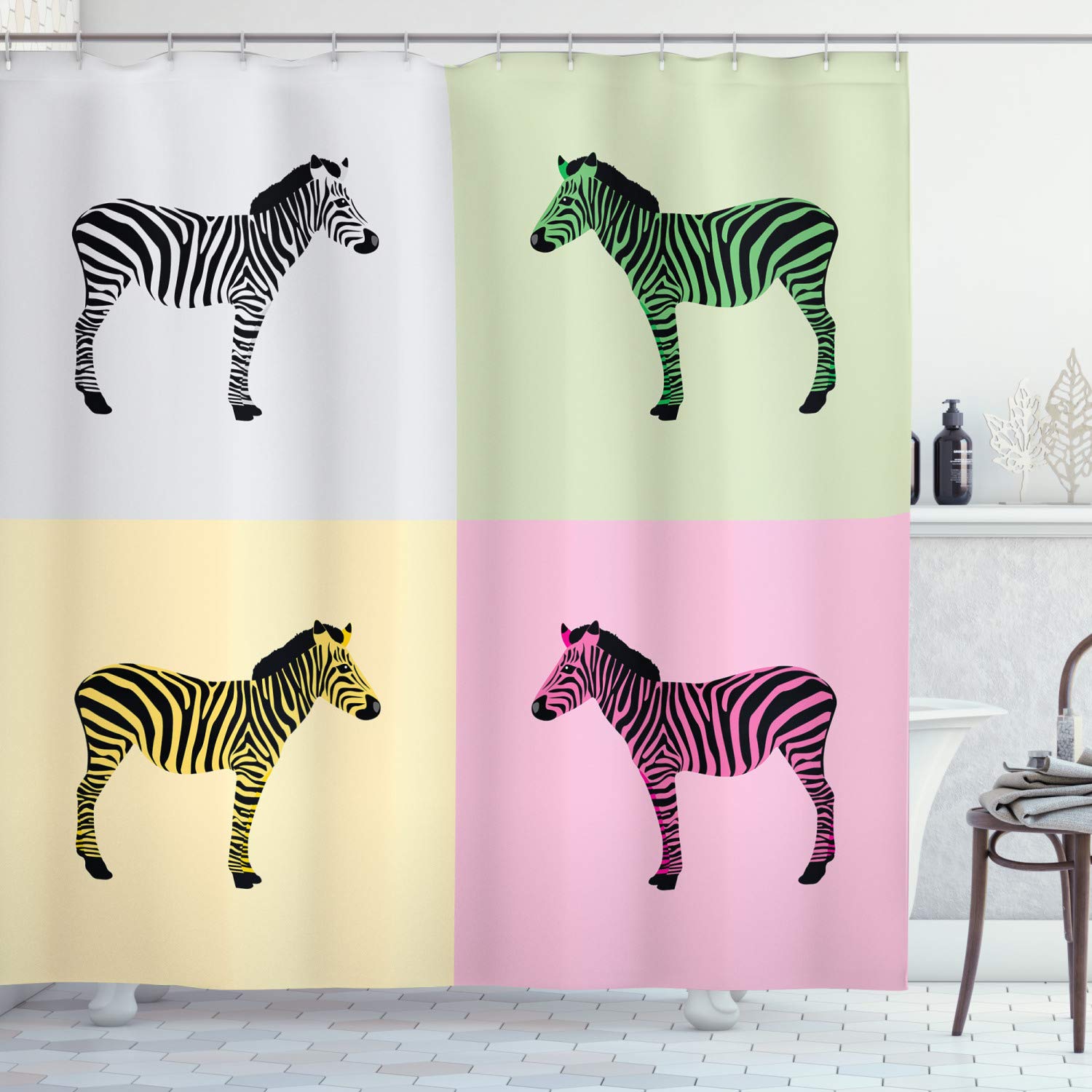 ABAKUHAUS Pink Zebra Shower Curtain, Zebras in Boxes Pop Art Avant Garde Influence Graphic, Cloth Fabric Bathroom Decor Set with Hooks, 175 x 200 cm, Green Yellow Pink