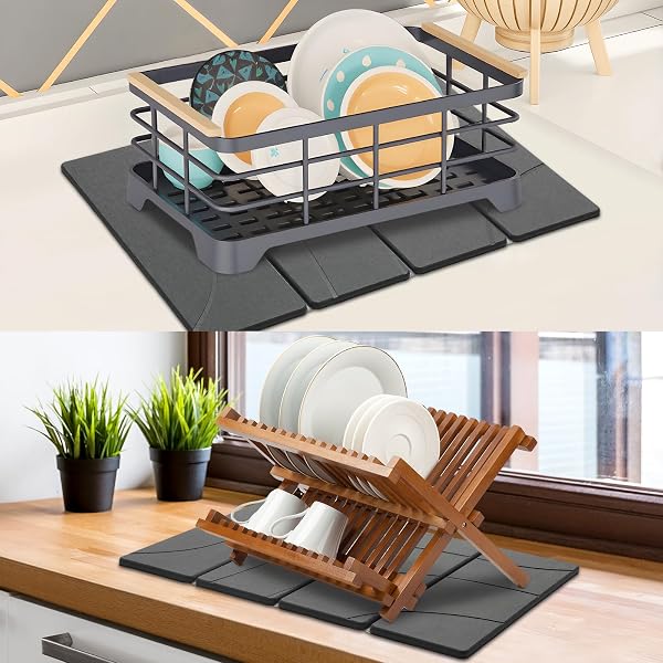 LARGE STONE DISH DRYING MAT FOR KITCHEN COUNTER, 2 PCS QUICK DRY STONE MATS, FOLDABLE WATER ABSORBING DIATOMACEOUS EARTH DRYING DISHES PAD FOR COUNTERTOP BOTTLE UTENSIL CUP(CARVED GRAY 24″X16″&8″X4″)