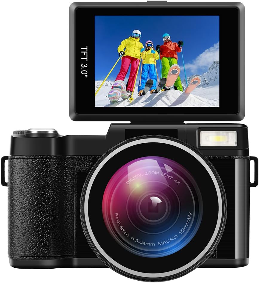 Digital Camera Camcorder Full HD Digital Video Camcorder 1080P 24.0MP 3” LCD Flip Screen Vlogging Camera with Wide Angle Lens and Flash Light