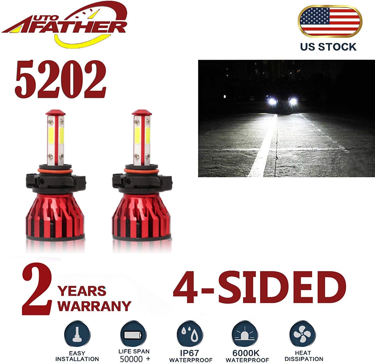 5202 LED Headlight Bulb, 40W 6000K(White Light) 20000LM Extremely Brigh High/Low Beam/Fog Light Bulbs Conversion Kits Car Driving Lamps Replacement with 4-Side Chips - 3 Year Warranty