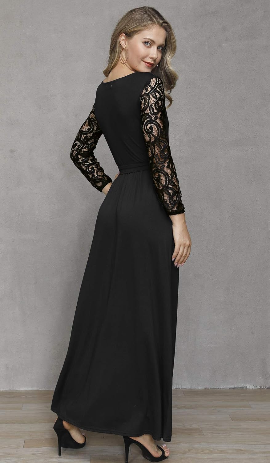 Spadehill Women's Faux Wrap V-Neck Lace Sleeve Maxi Dresses: Clothing