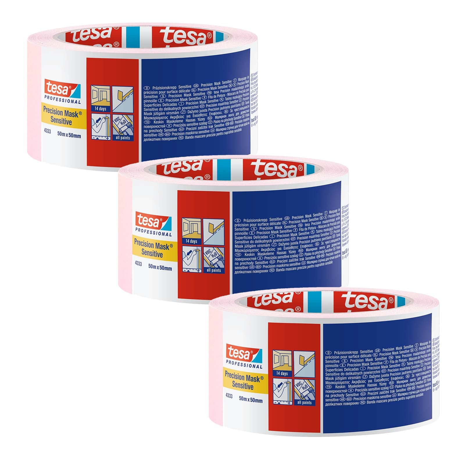 tesa 4333-00021-02 Precision Sensitive,Razor Sharp Edge and Low Tack Masking Tape for Indoor Painting and Decorating, Residue Free Removal, 50 m x 50 mm, 3 Rolls