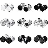 FIBO STEEL 9 Pairs Fake Gauge Earrings for Men Women Stainless Steel Stud Earring Round Cheater Plug Earring Faux Gauges Ear Tunnel Mens Earrings