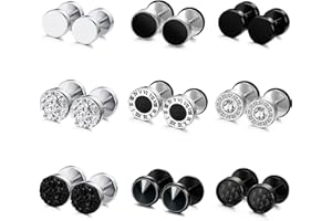 FIBO STEEL 9 Pairs Fake Gauge Earrings for Men Women Stainless Steel Stud Earring Round Cheater Plug Earring Faux Gauges Ear Tunnel Mens Earrings