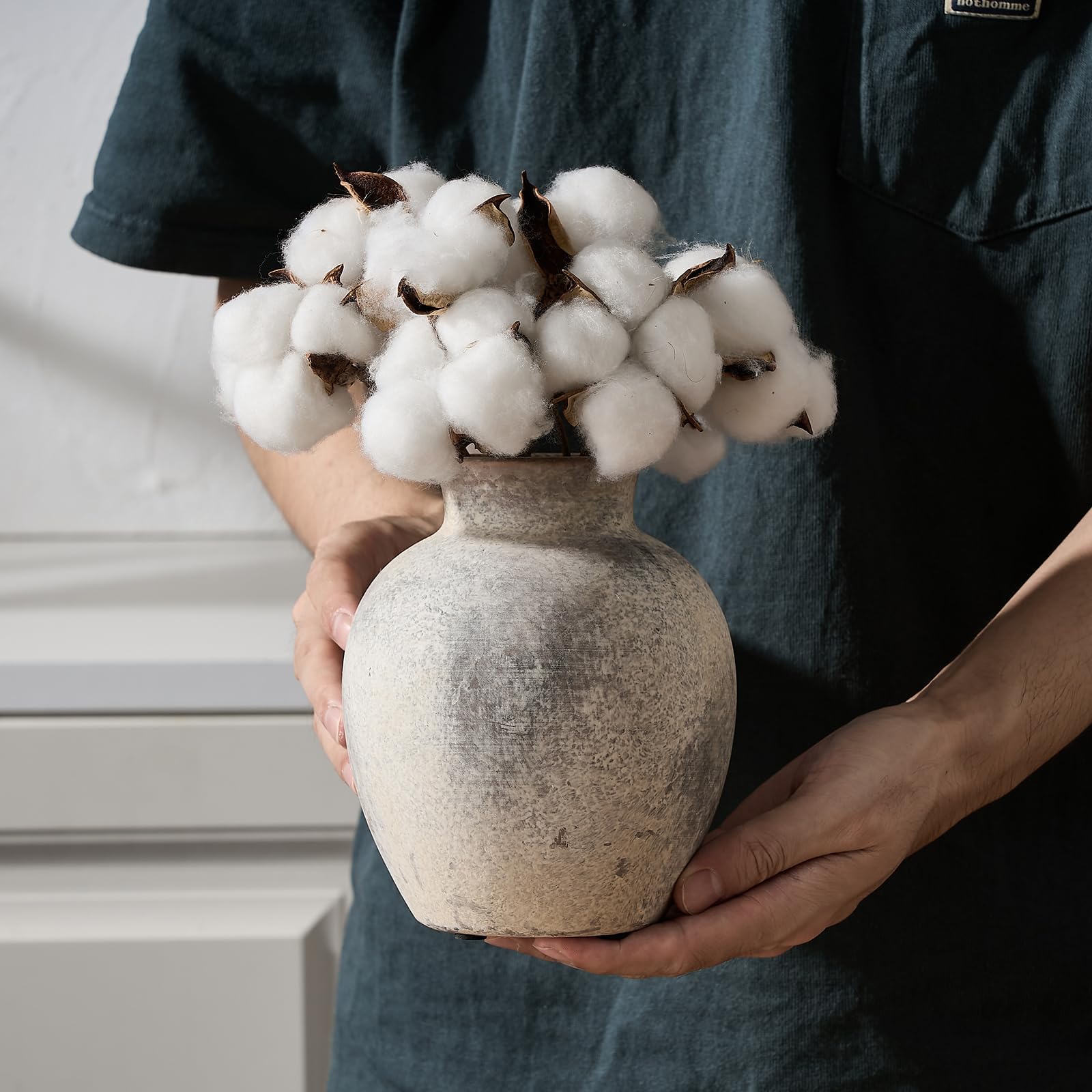 SIDUCAL Ceramic Decorative Flower Vase | 6 Inch Pottery Rustic Farmhouse Vase | Boho Vase for Home Decor | Whitewashed Terracotta Vase for Table, Living Room, Bathroom, Shelf, Mantel Decoration - Image 3