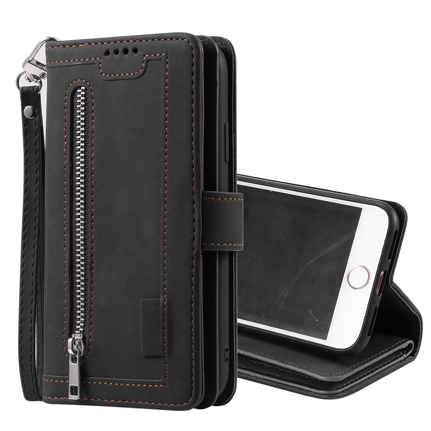 UEEBAI Wallet Case for iPhone 7/8/SE 2022 5G/SE 2020, Retro 9 Card Holder Slots Zipper Pocket Handbag Case PU Leather Magnetic Kickstand Wrist Strap Flip Case for SE3/SE2 - Black