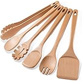 ROSOS Wooden Cooking Utensils, 6 Pieces Natural Beech Wooden Spoons For Cooking with Unique Notch & Heat Resistant Design, Non-Stick Wood Kitchen Utensil Set with Hanging Hole for Kitchen Essentials