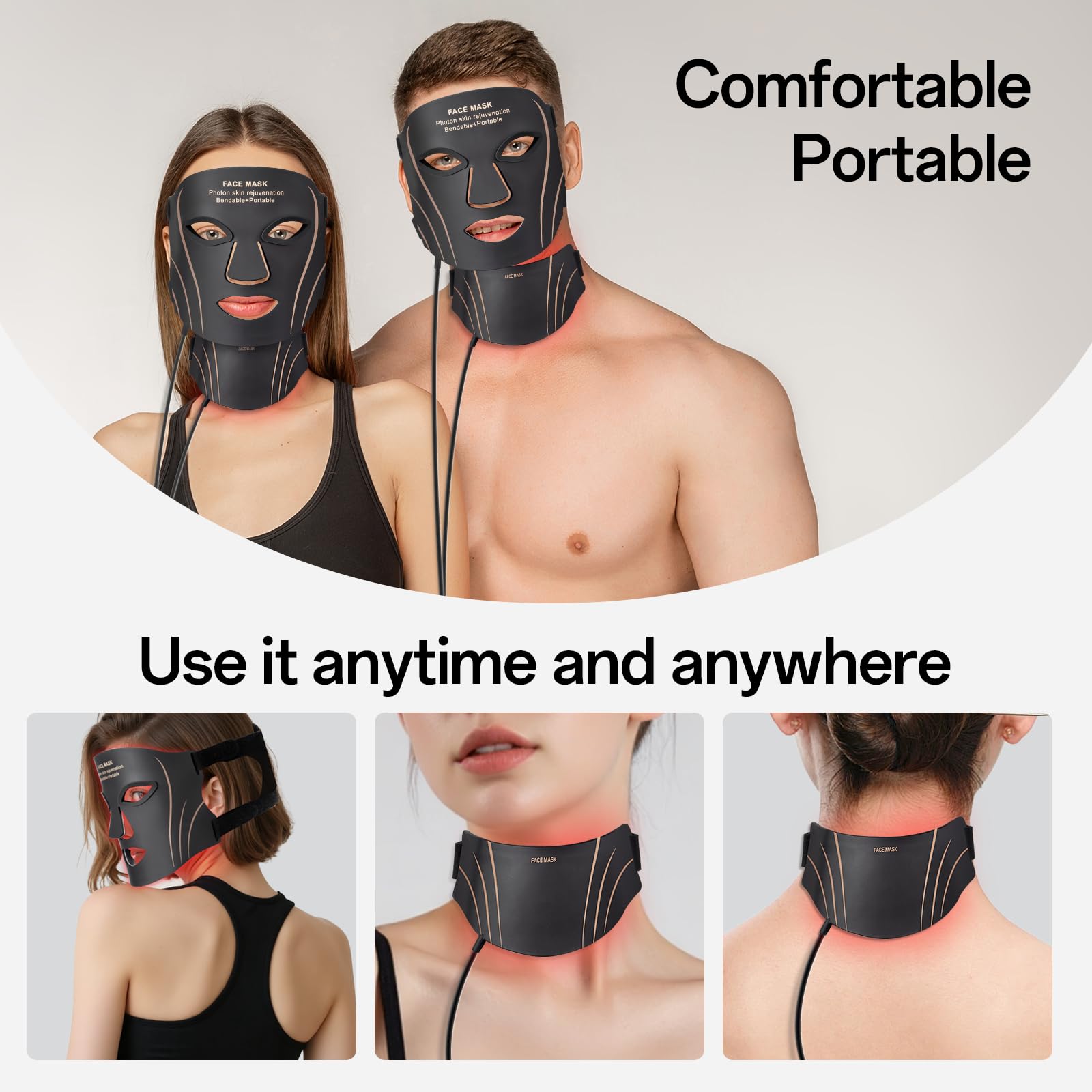 Facego Red Light Mask for Face and Neck - Facial Skin Care Device, Portable, Lightweight, Rechargeable and Ergonomic Design for Home (Black)