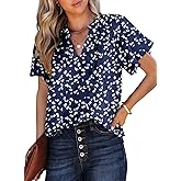 SHEWIN Women's Casual V Neck Floral Print Smocked Short Sleeve Chiffon Blouses Bohemian Top Shirts
