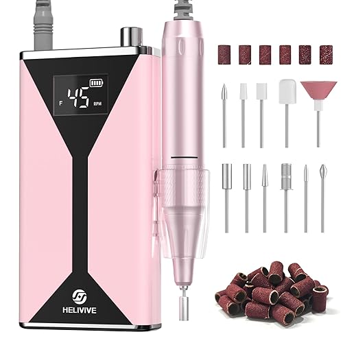 HELIVIVE Professional Electric Nail Drill 45000RPM (Portable & Rechargeable) (with 11 Drill Bits ) Cordless Nail File Machine for Shaping, Polishing & Removing Gel Nails for Salon Home (Pink)