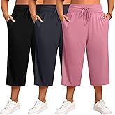 Neer 3 Pack Women's Capris Plus Size Yoga Lounge Pants Wide Leg High Waist Drawstring Cropped Sweatpants with Pockets