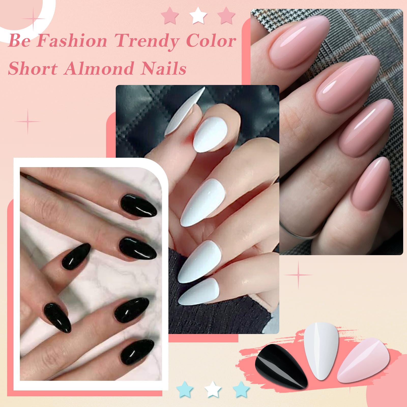 Bellelfin 240Pcs Short Press on Nails Almond Black Fake Nails, Solid Color Acrylic Nails Press ons Full Cover Artificial False Nail Tip with 5 Sheets Adhesive Tabs for Women Girls - Image 3