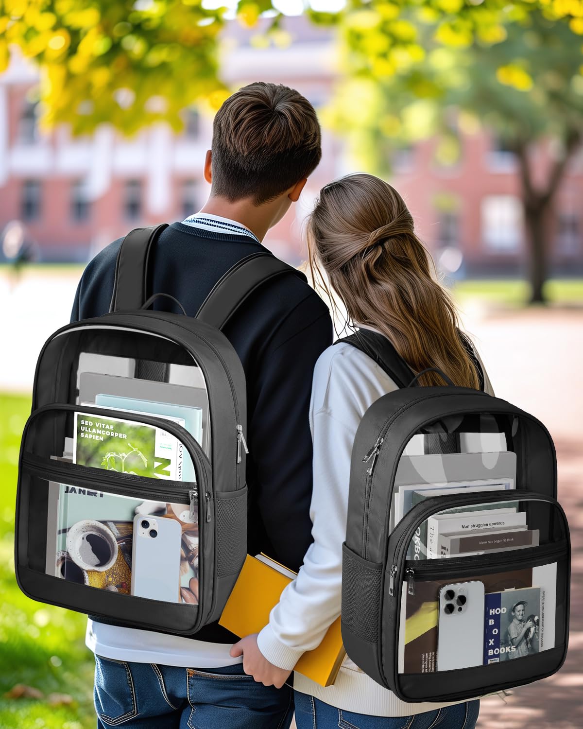 KIMNERPU Clear Backpack, Heavy Duty Transparent Bookbag for School, Fabric & PVC Transparent Backpack with Reinforced Strap for Women Men, Capacity Clear Bag for College, Travel, Security, Black