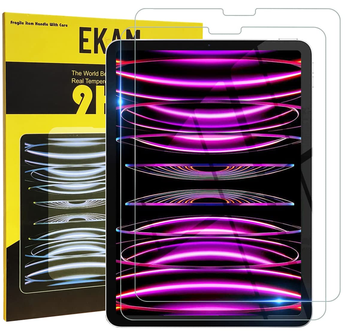 EKAM [2-Pack] Screen Protector for iPad Pro 11-Inch, 2022/2021/2020 (4th/3rd/2nd Generation) Tempered Glass Film HD Scratch Resistant, Compatible with Pencil/Face ID