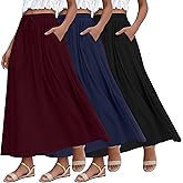 Ficerd 3 Pack Women's Maxi Long Skirts, Ankle Length a Line Elastic High Waist Summer Casual Drawstring Skirts with Pockets