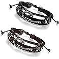 Flongo Men's Womens 2PCS Tribal Nautical Fish Hook Leather Wrap Bangle Cuff Bracelet, Fit 8-10 inch Wrist, Braided Wrap Rope Wristband for Men Women