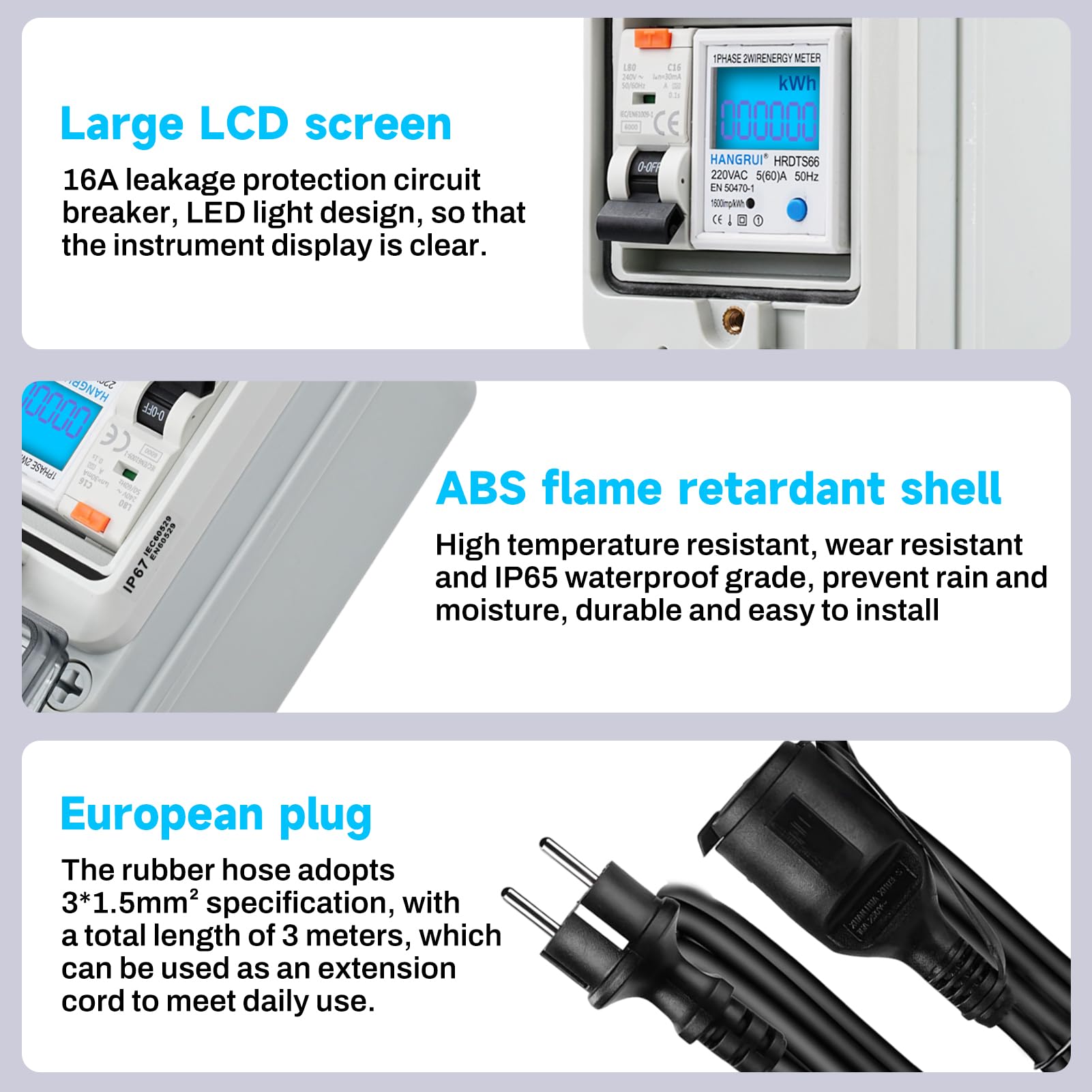 DewinLVD Mobiler Digitaler Stromzähler, Stromzähler für Steckdose Outdoor 16A Typ A Schutzschalter Eurostecker IP65 Wasserdich Messgerät 230V 60A für Industrieanlage Garten 8