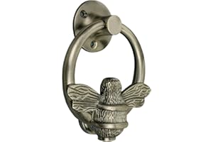 BRASS BEE Bee Door Knocker for Front Door | Polished Solid Brass | Brass Knockers with Strike Plate | UPVC | Bumblebee Front Door Furniture with a Unique Design (Pewter Ring Bee Door Knocker)