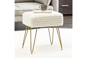 LUE BONA Modern Mink Square Footstool Ottoman Bench, Flower Pattern Furry Faux Fur Vanity Stool Chair with Gold Legs, Comfy Entryway Ottoman Bench, Stool for Vanity, Footrest for Bedroom, Living Room