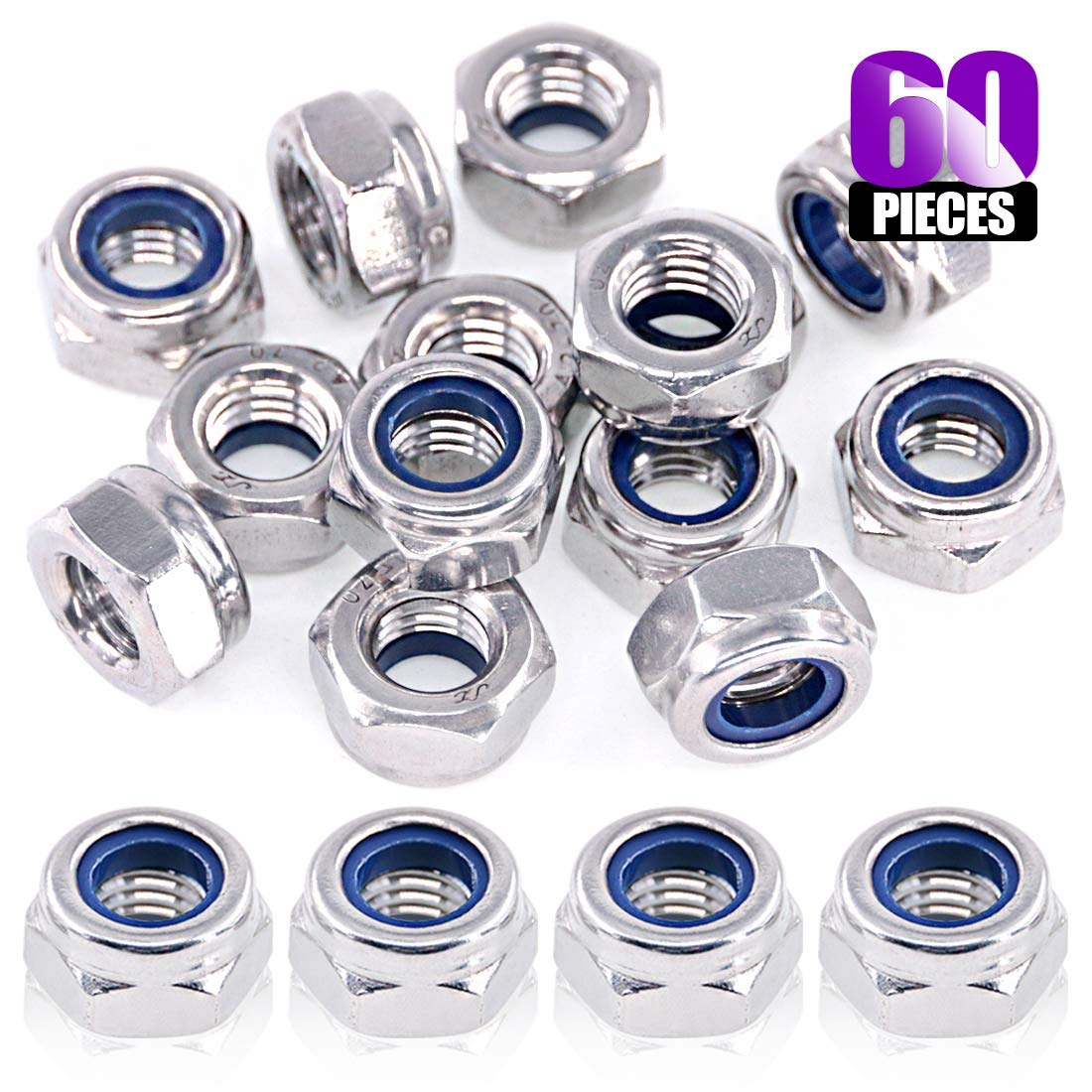 Swpeet 60Pcs M10 304 Stainless Steel Metric Lock Nut Assortment Kit