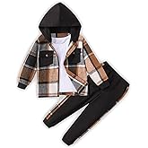 Sislerew Toddler Boy Clothes Plaid Hooded Shirt White T-shirt Top and Solid Color Pants 3Pcs Winter Boys Clothes