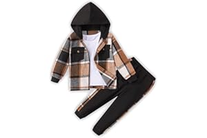 Sislerew Toddler Boy Clothes Plaid Hooded Shirt White T-shirt Top and Solid Color Pants 3Pcs Winter Boys Clothes