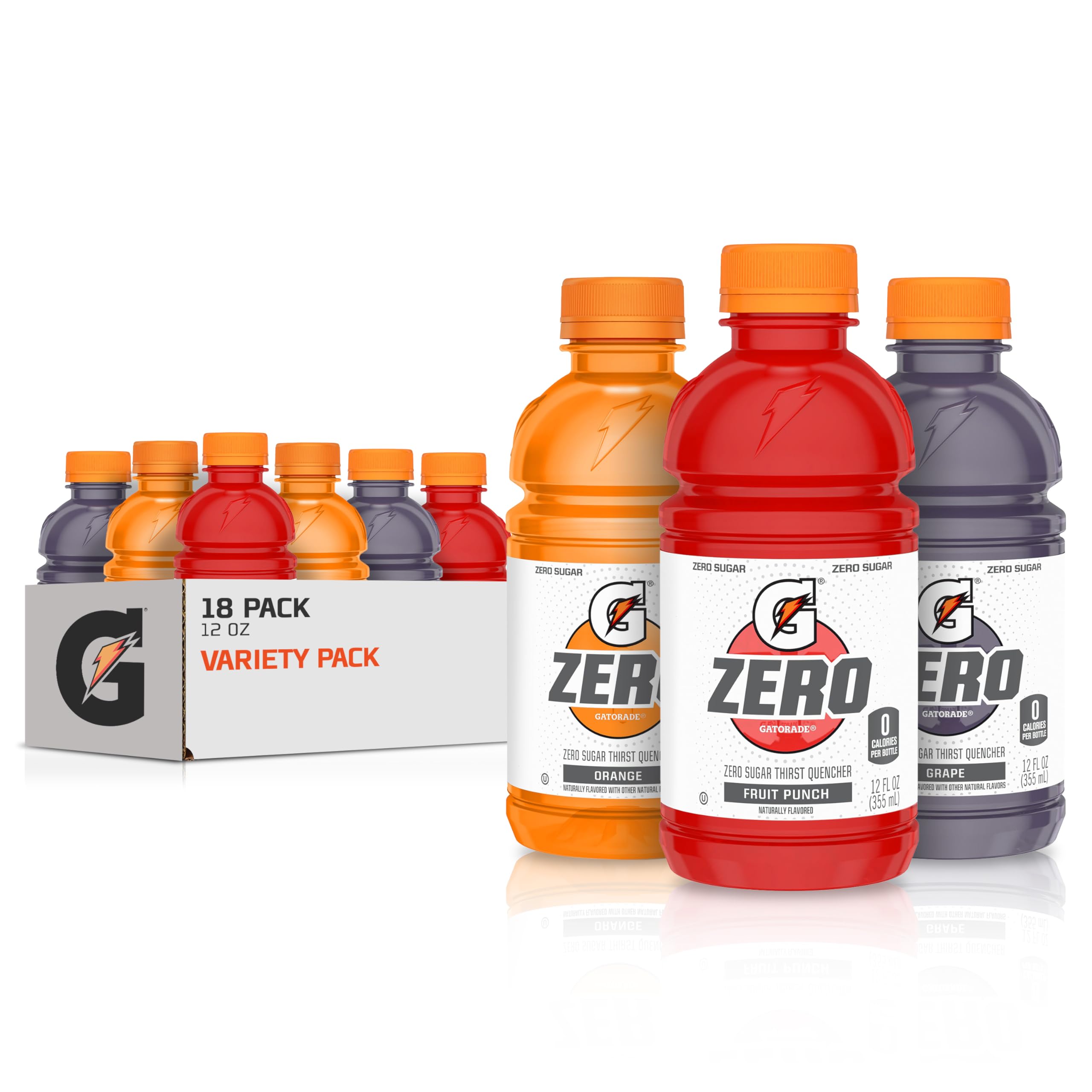 Photo 1 of ***SALE FINAL, HALF A PALLET*** Gatorade G Zero Sports Drink, Fruit Punch, Orange, Grape Variety Pack, 12 Fl Oz (Pack of 18)
