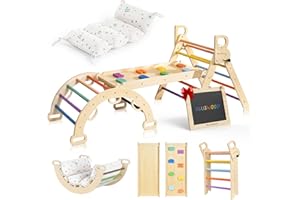 BlueWood Pikler Triangle Set with Cushion, 8-in-1 Foldable Wooden Toddler Climbing Toys Indoor Playground Jungle Gym Montessori Philosophy Climber for 2-6 Years Old, Baby, Kids (Rainbow)