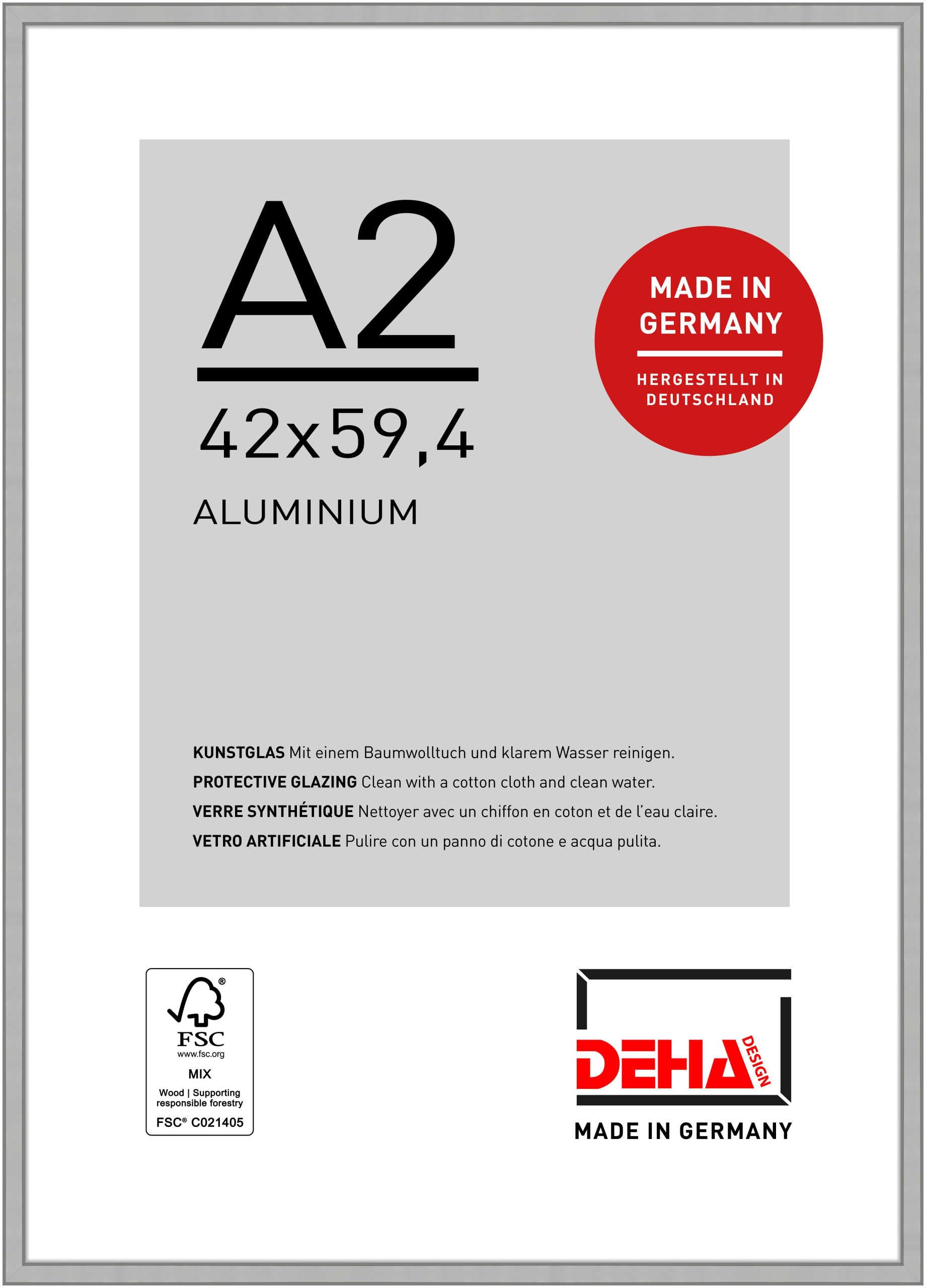 DEHA Design Boston Aluminium Picture Frame - A2 (42x59.4 cm) – Frosted Silver - with Synthetic Glass and Push/Turn Clips