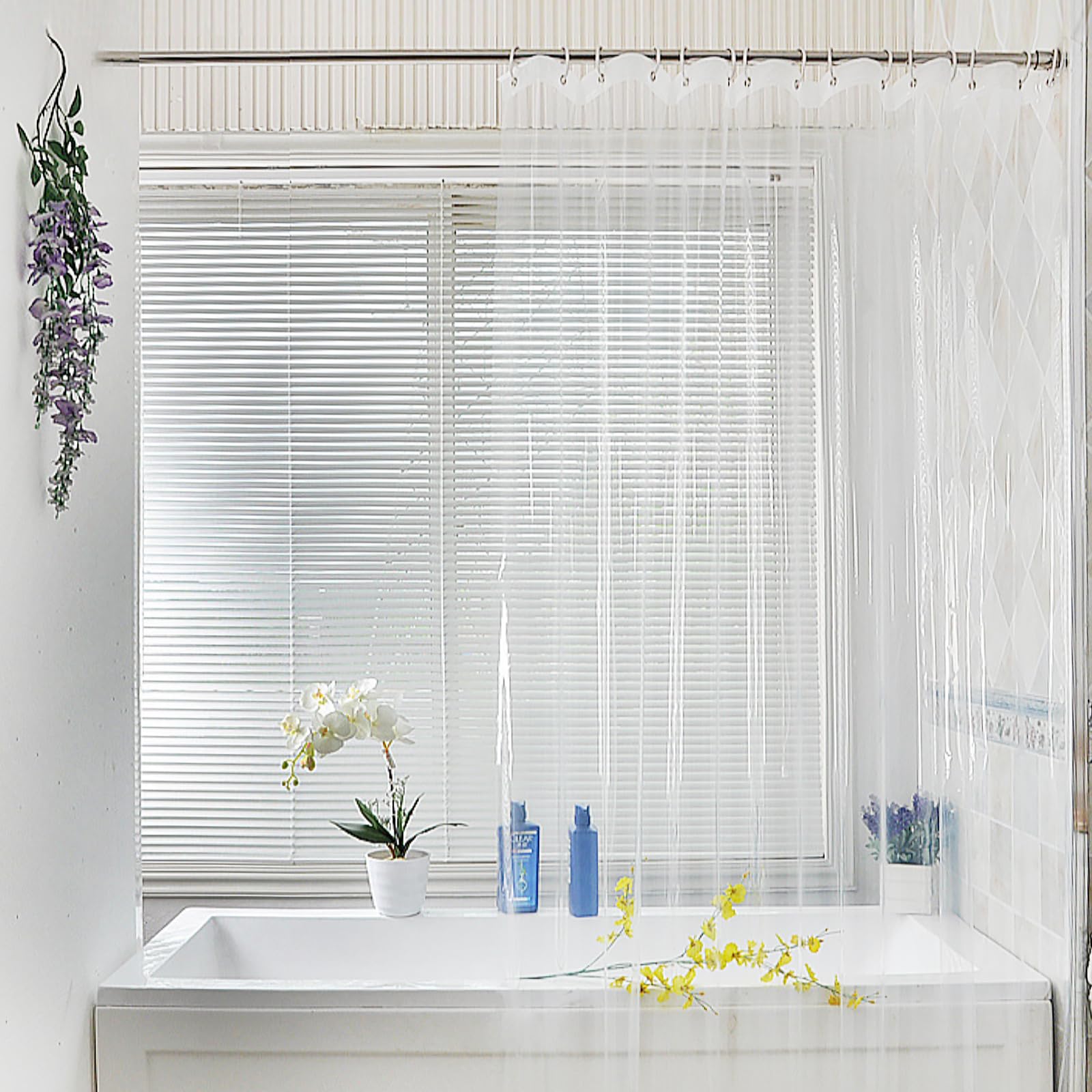 Minicoco Clear Shower Curtain Bathroom Shower Curtains Mould Proof Resistant EVA Washable Waterproof Shower Curtain Anti-Mould with 12 Hooks for Wet Room, Garden, Outdoor, 180 x 180 cm (Transparent) — image 1