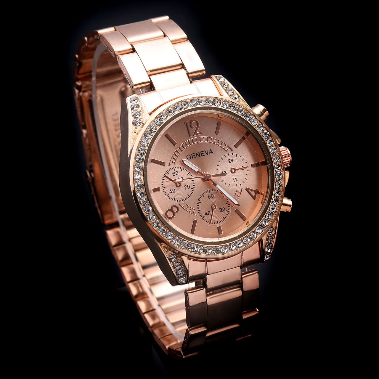 JSDDE Les femmes exquis cristal de luxe strass cristal Montre acier inoxydable bracelet faux Chronographe Quartz Analog Montre(Or Rose)