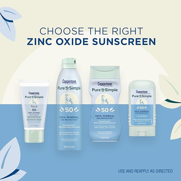 COPPERTONE PURE AND SIMPLE MINERAL SUNSCREEN STICK SPF 50, WATER RESISTANT, HYPOALLERGENIC, FACE SUNSCREEN WITH BROAD SPECTRUM UVA/UVB PROTECTION, 0.49 OZ STICK