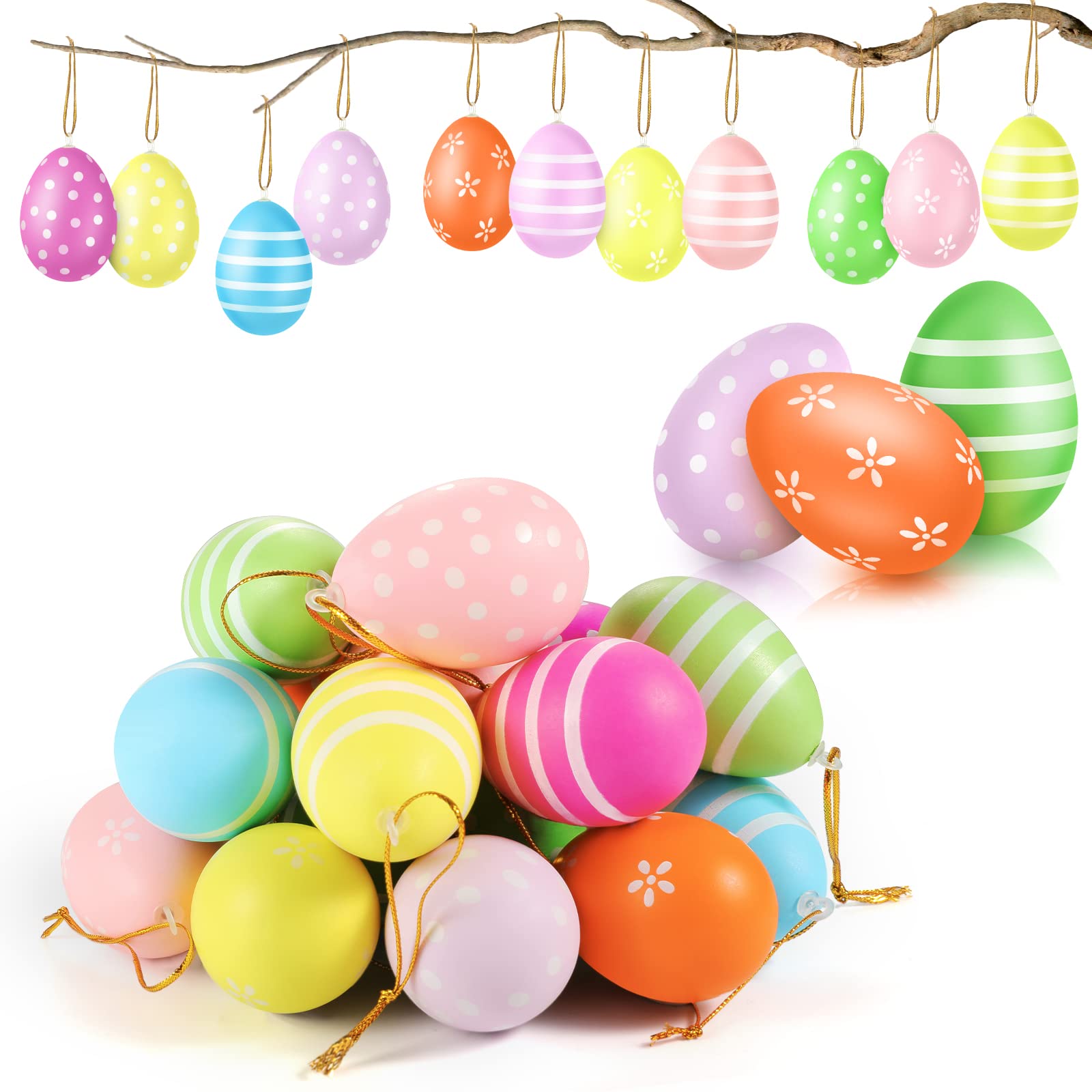 Easter Eggs for Hanging, Pack of 24 Plastic Easter Eggs with String for Hanging, Speckled Hanging Decoration, Easter Decoration in Beautiful Pastel Colours, Decorative Easter Eggs for the Easter