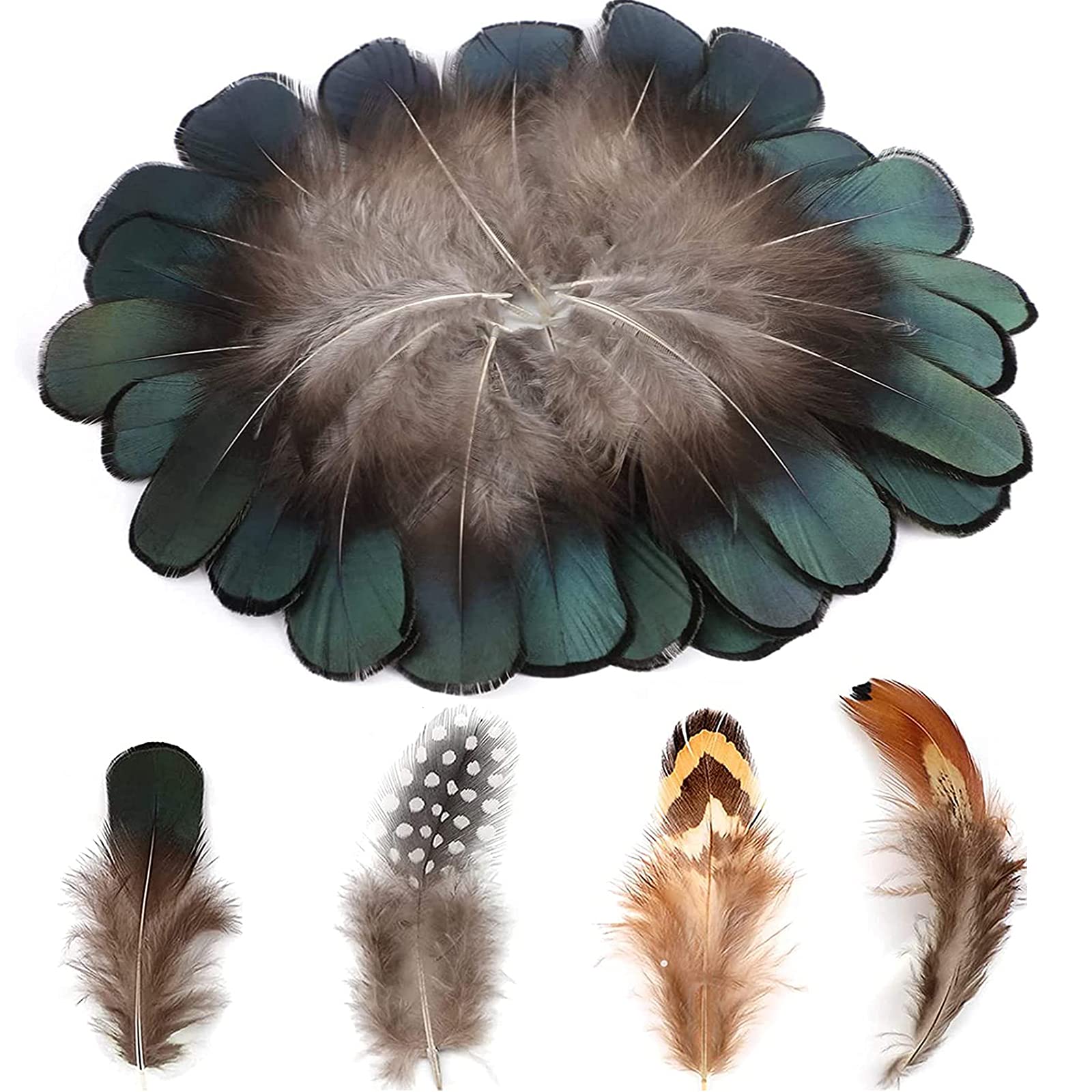MWOOT 200 Pieces DIY Crafts Feathers 4 Assorted Chicken Feathers for Dream Catcher Halloween Party Mask Decoration, Green Black Yellow Brown Decor Feather