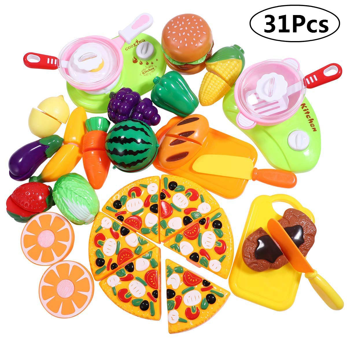iBaseToy 31 PCS Pretend Play Food Set with Backbag, Kids Cutting Toys
